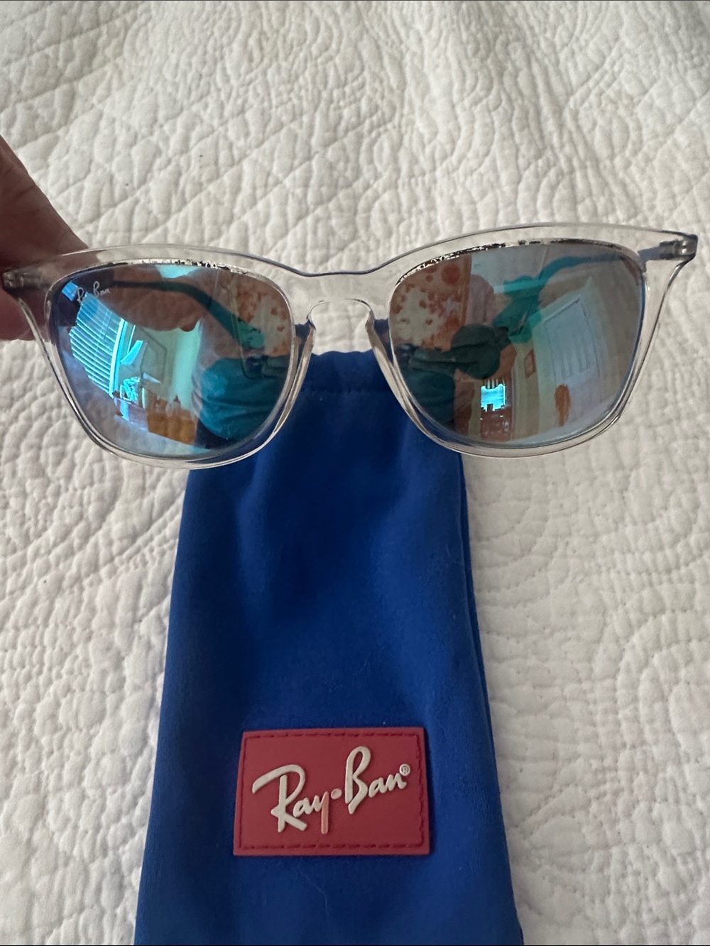 Ray-Ban Junior Size Clear Frame Sunglasses with Blue Mirrored Lenses